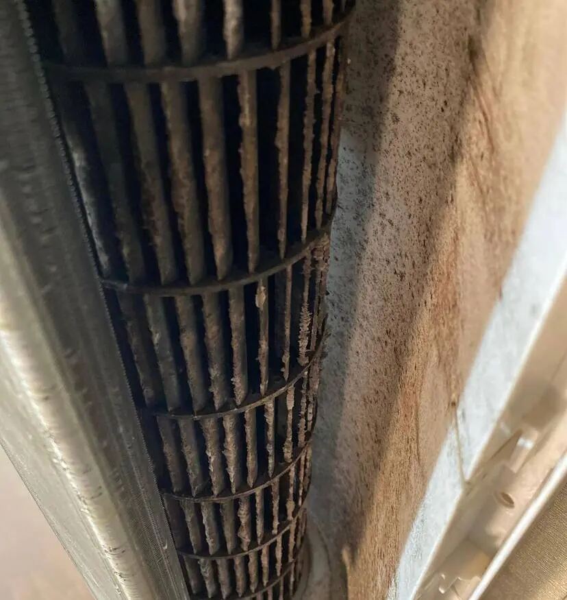 AC cleaning Limassol — before photo: mold and dirt on the heat exchanger